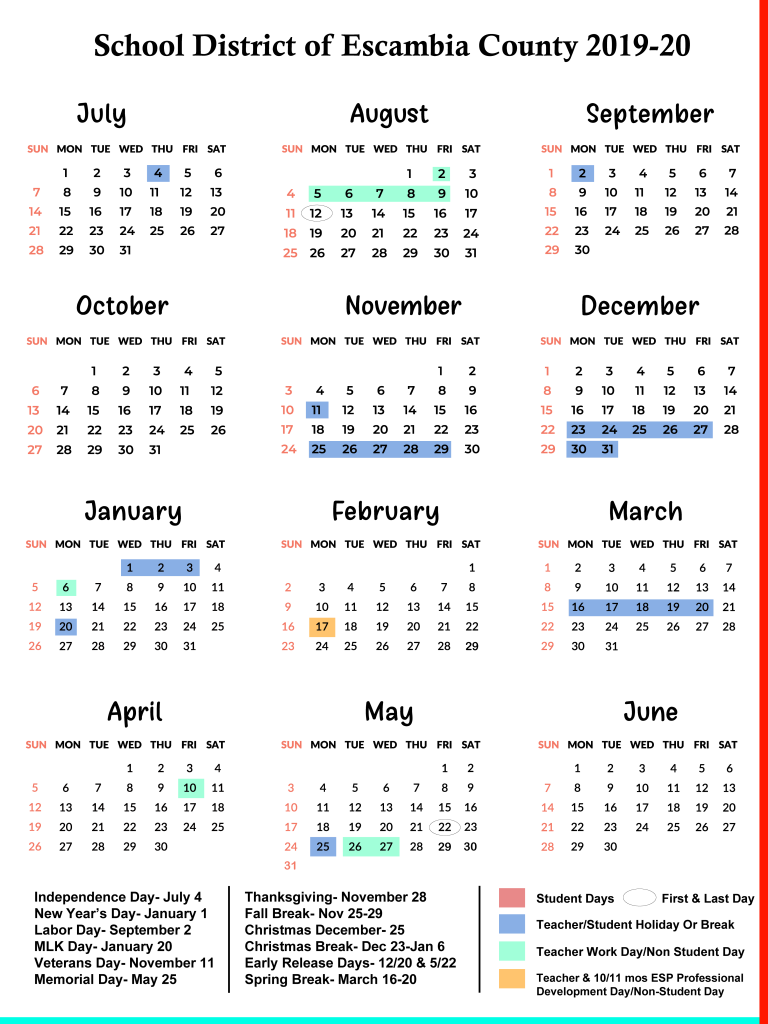 😄Escambia County Schools Calendar 2019 2020😄