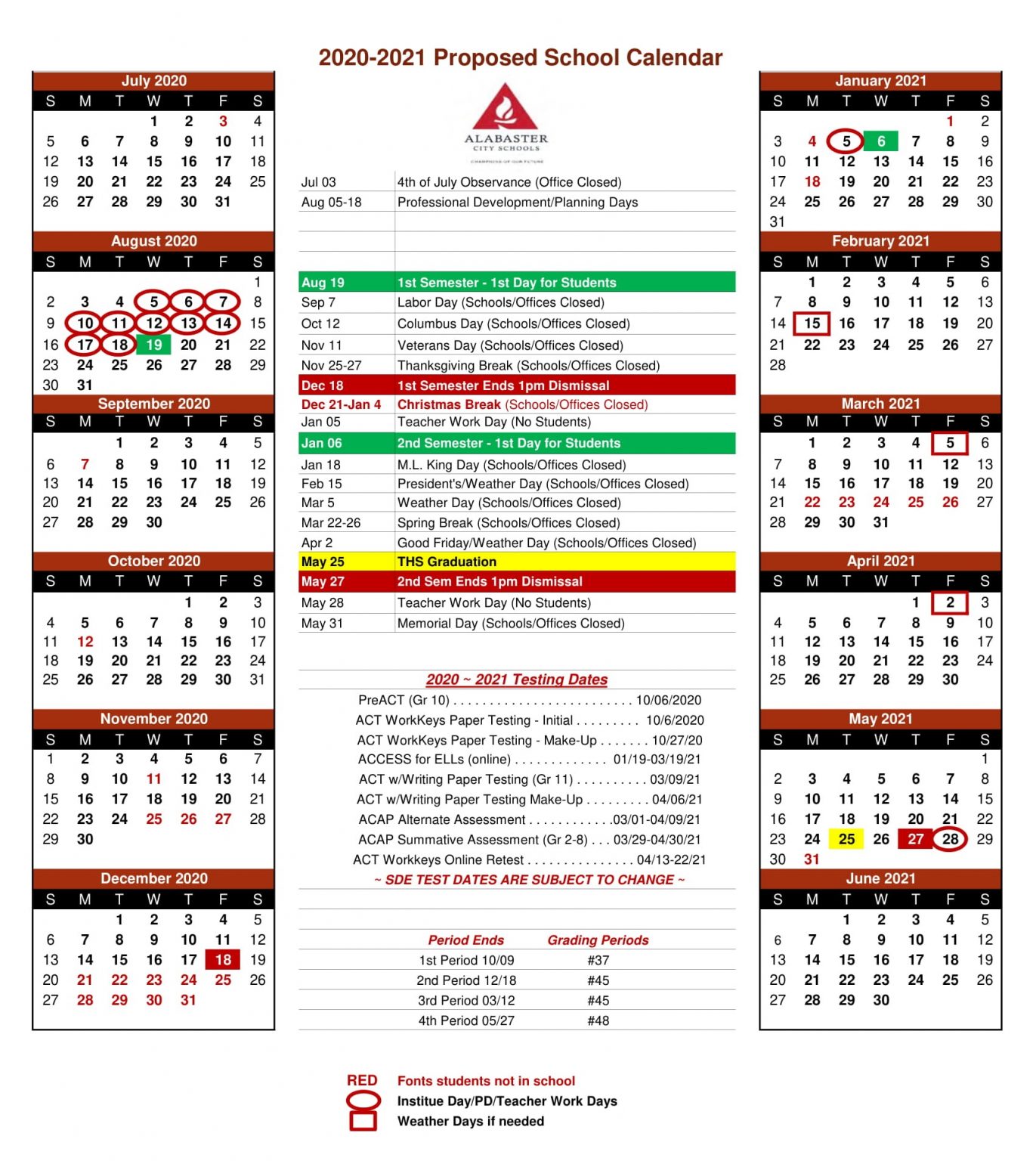 Alabaster City Schools Calendar 2021-2022