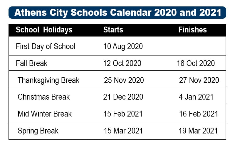 Athens City School Calendar 2021 and 2022