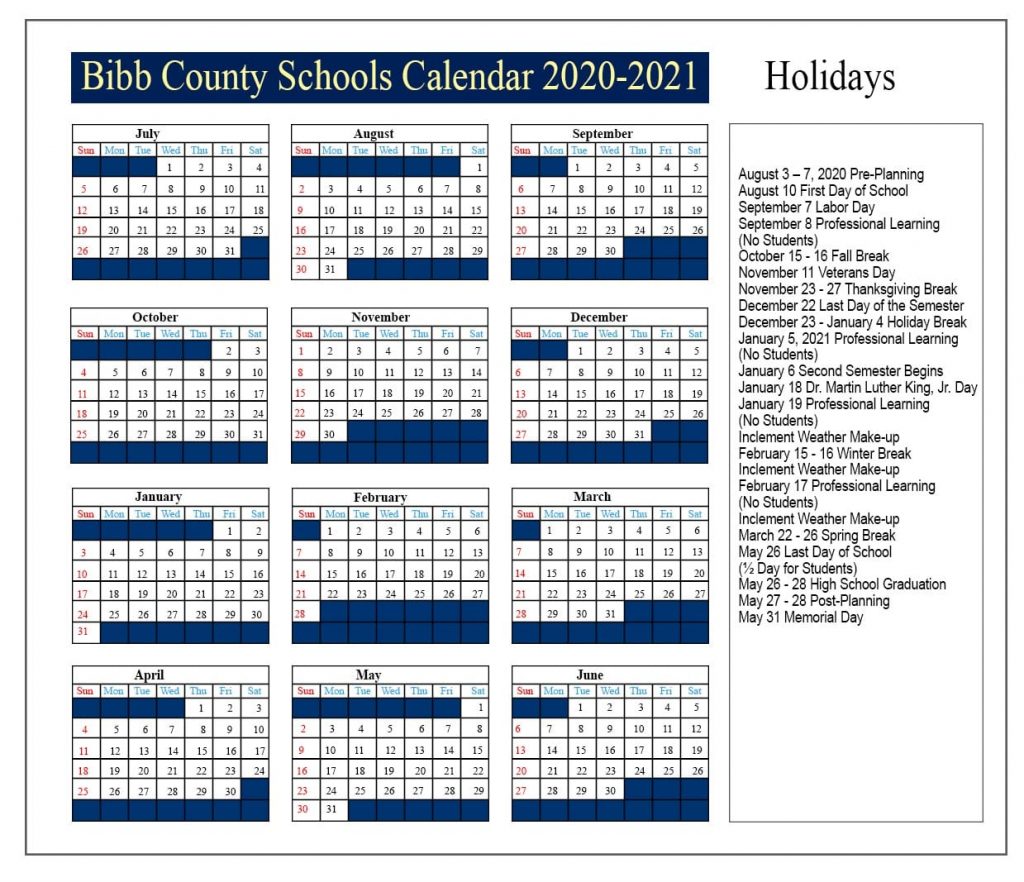 Bibb County Schools Calendar 2021 and 2022