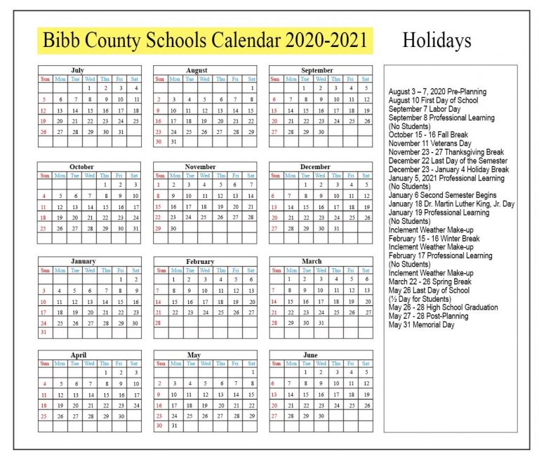 Bibb County Schools Calendar 2021 and 2022
