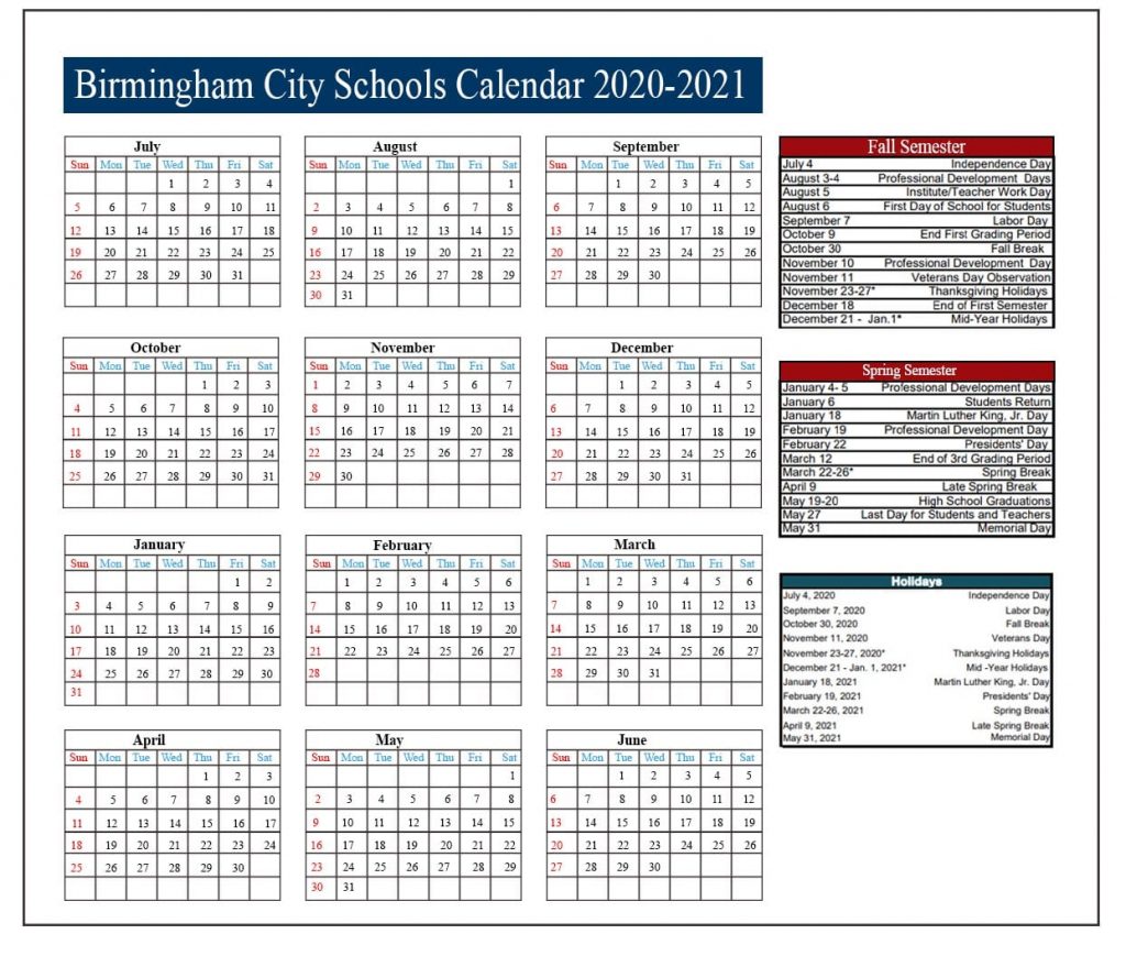 Birmingham City Schools Calendar 2020 and 2021
