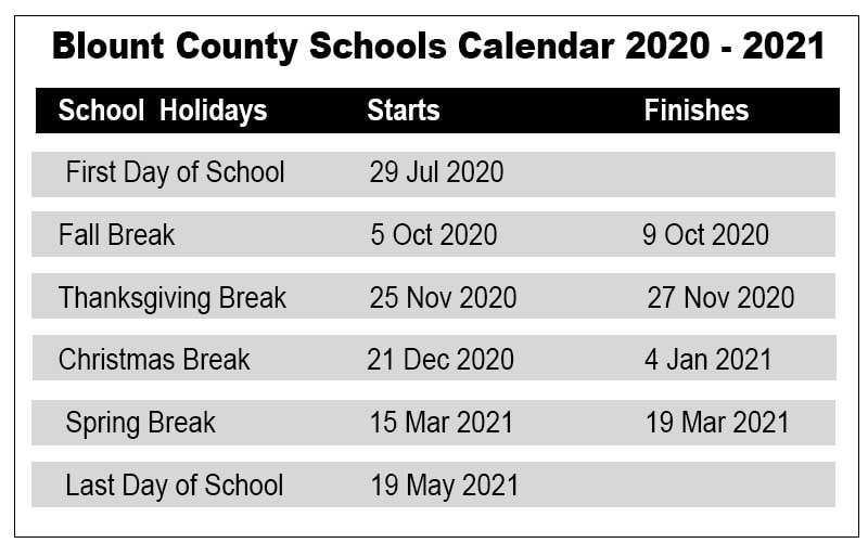 blount county schools calendar 2021 2022 Blount County School Holidays 2020 Us School Calendar blount county schools calendar 2021 2022