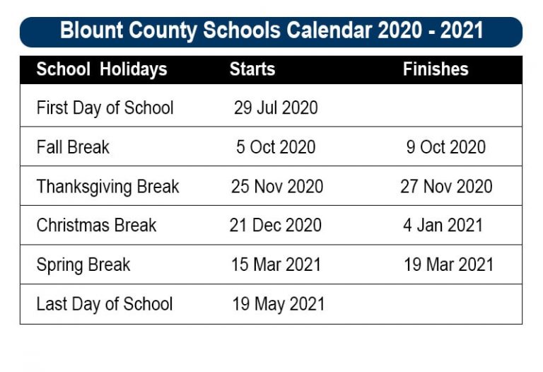 Blount County Schools Calendar 2021 and 2022