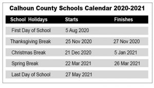 Calhoun County School District Calendar 2020 and 2021