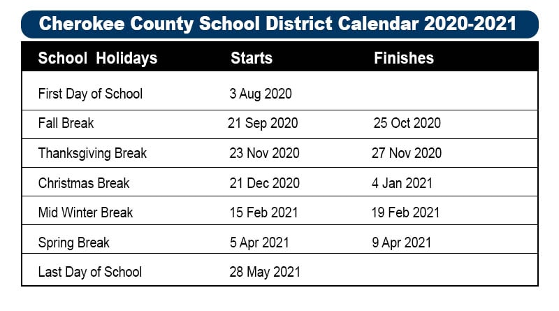 Cherokee County Schools Calendar 2021 And 2022