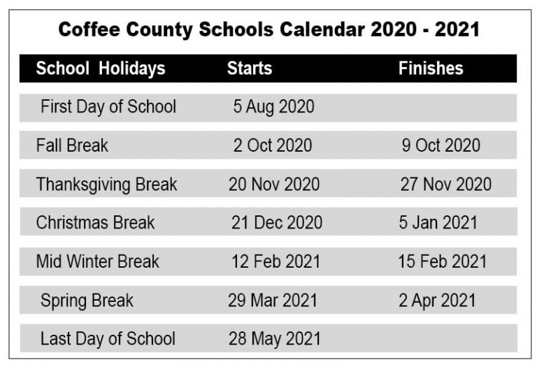 😊Coffee County Schools Calendar 20202021😊
