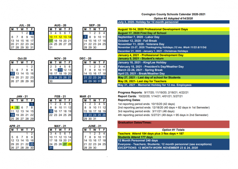 Covington County Schools Calendar 2020 and 2021