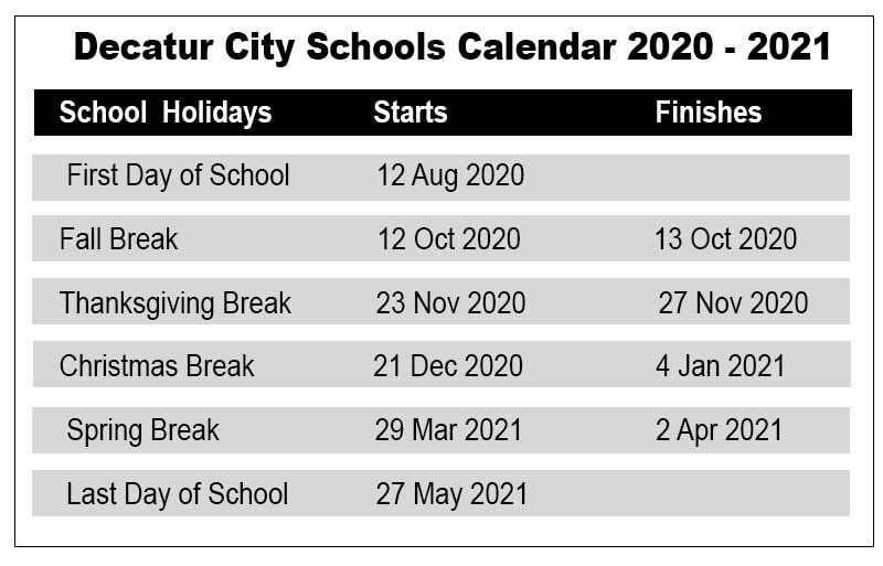 Decatur City School Holidays 2021 Archives US School Calendar