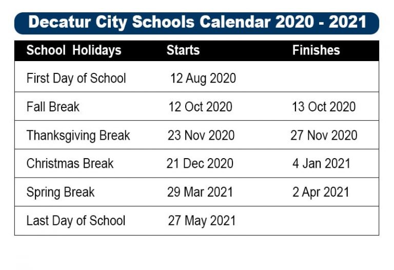 Decatur City Schools Calendar 2021 and 2022