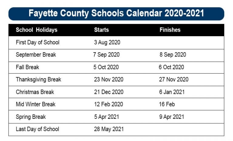 Fayette County School Calendar 2020 and 2021