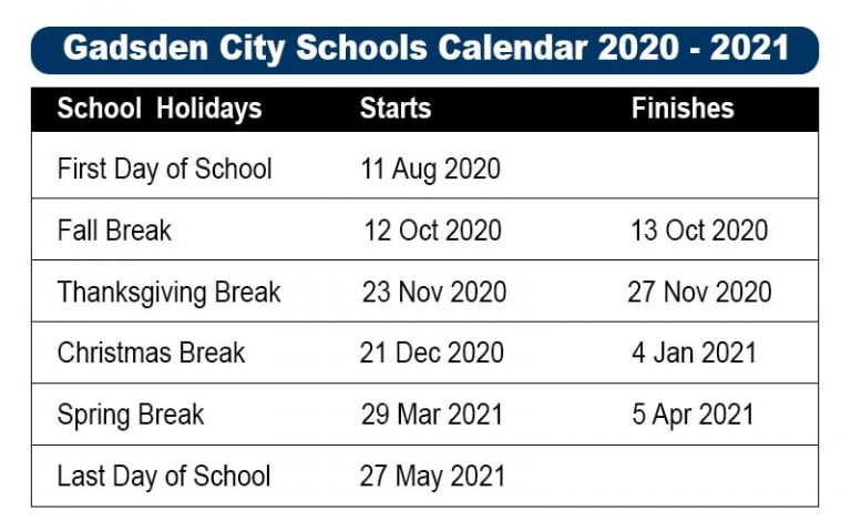 Gadsden City Schools Calendar 2021 and 2022