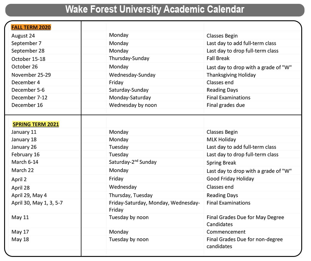 Wake Forest Law Academic Calendar Customize and Print