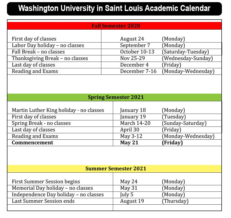 Mizzou Fall 2022 Calendar Washington University Academic Calendar 2021-2022