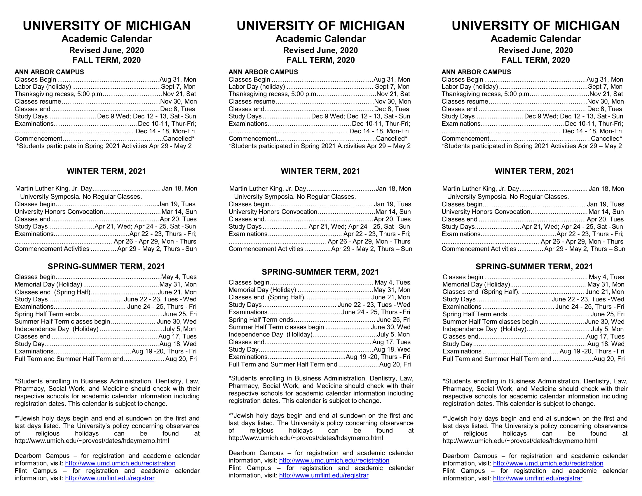 University of Michigan - Ann Arbor Calendar 2020-2021