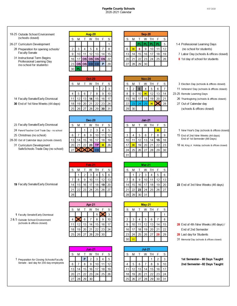 Fayette County School Calendar 2020 and 2021