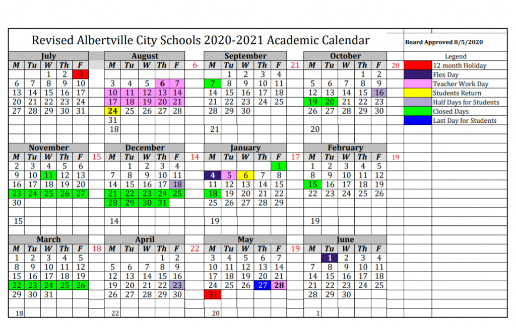 Albertville City Schools Calendar 2021 and 2022