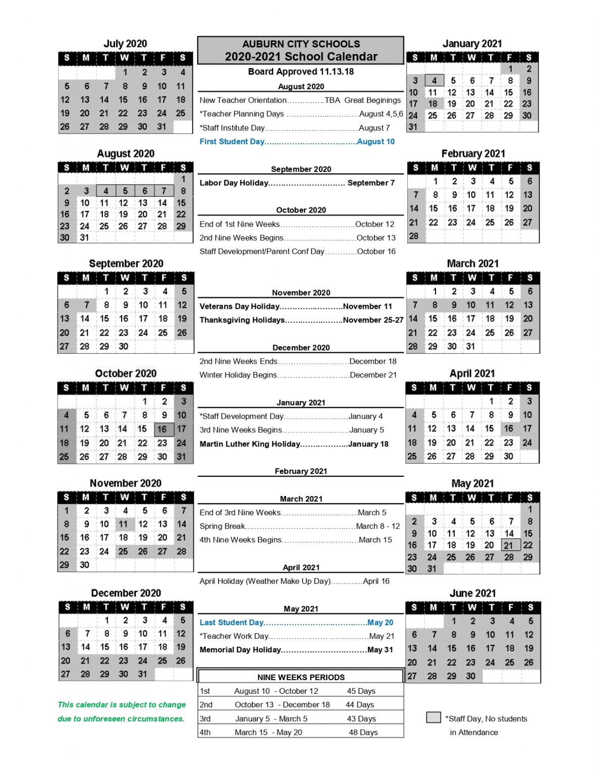 Auburn City Schools Calendar 2021 and 2022