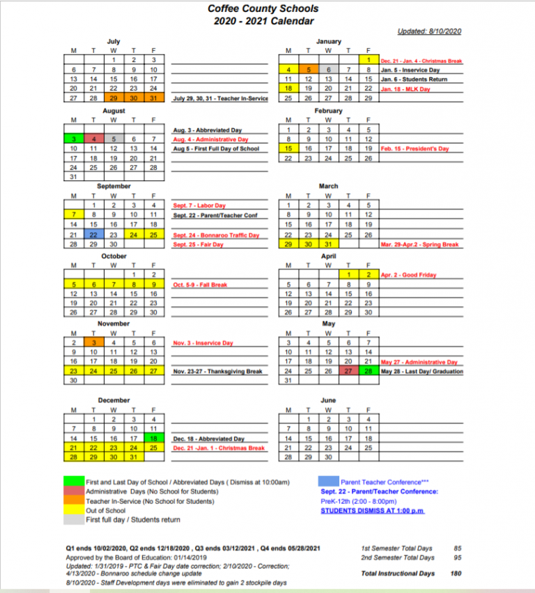 Coffee County Schools Calendar 2021 and 2022