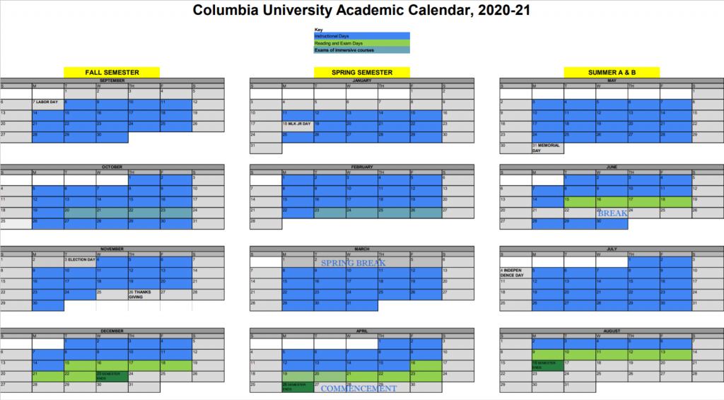 Columbia University Calendar 2021 and 2022